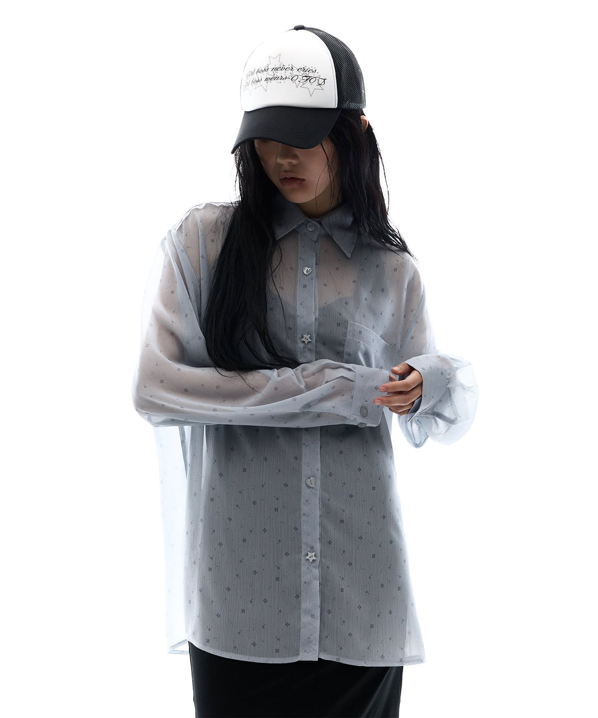 오호스(OJOS) Graphic Sheer Shirts / Grey