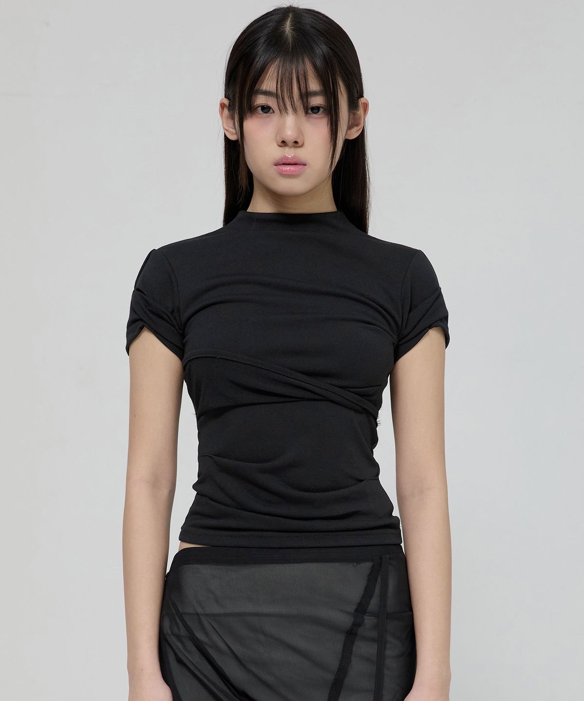 플레어업(FLAREUP) Asymmetrical Draped Mock Neck T-Shirt (FL-126_Black)