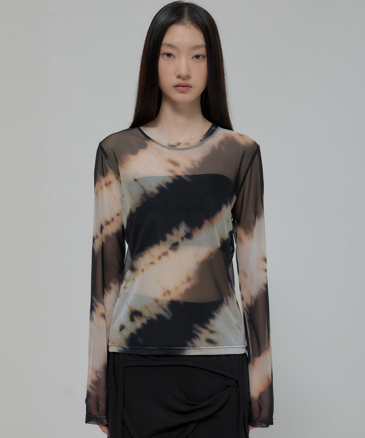 플레어업(FLAREUP) Sheer Mesh Long Sleeve (FL-142_Black&Sand Beige)