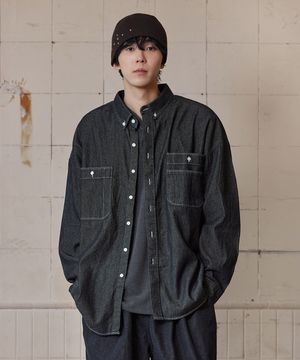 더블 포켓 버튼다운 데님 셔츠 블랙