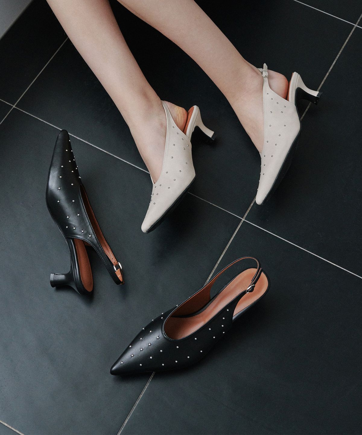 프리플라(FRI FLA) ljh7135 Pointed Stud Slingback Heels - 2 Colors