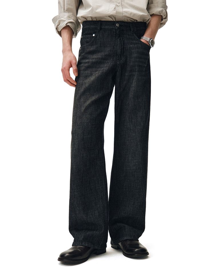 [린넨라이크]Linen Like Mid Rise Wide Jeans DCPT039Black