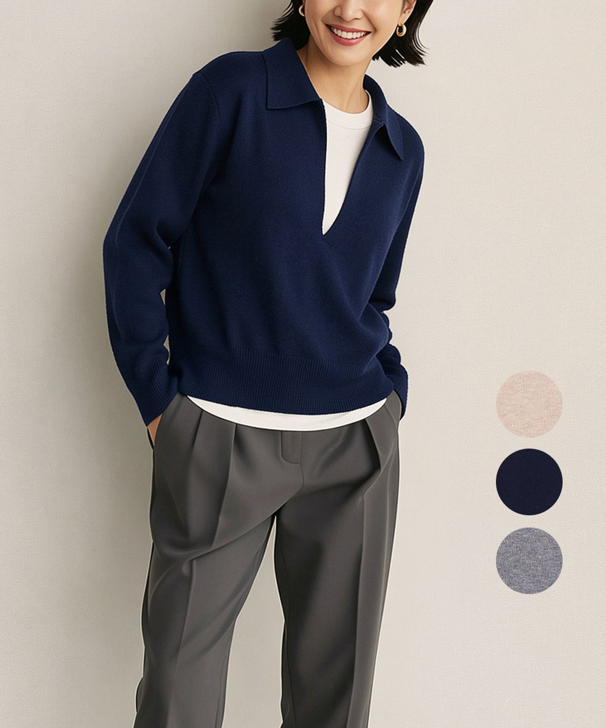 김영주 골프(KIM YOUNG JOO GOLF) 봄가을 배색 레이어드 카라 브이넥 소프트 여성 니트티 DQSLCA10