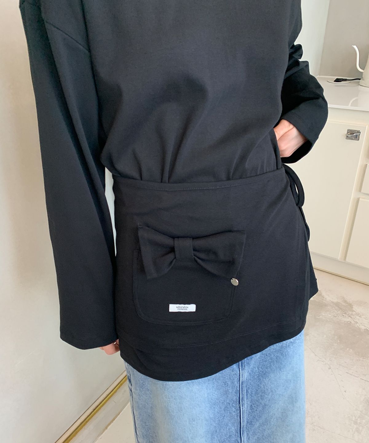 론론(RONRON) WRAP RIBBON POCKET LONG SLEEVE BLACK
