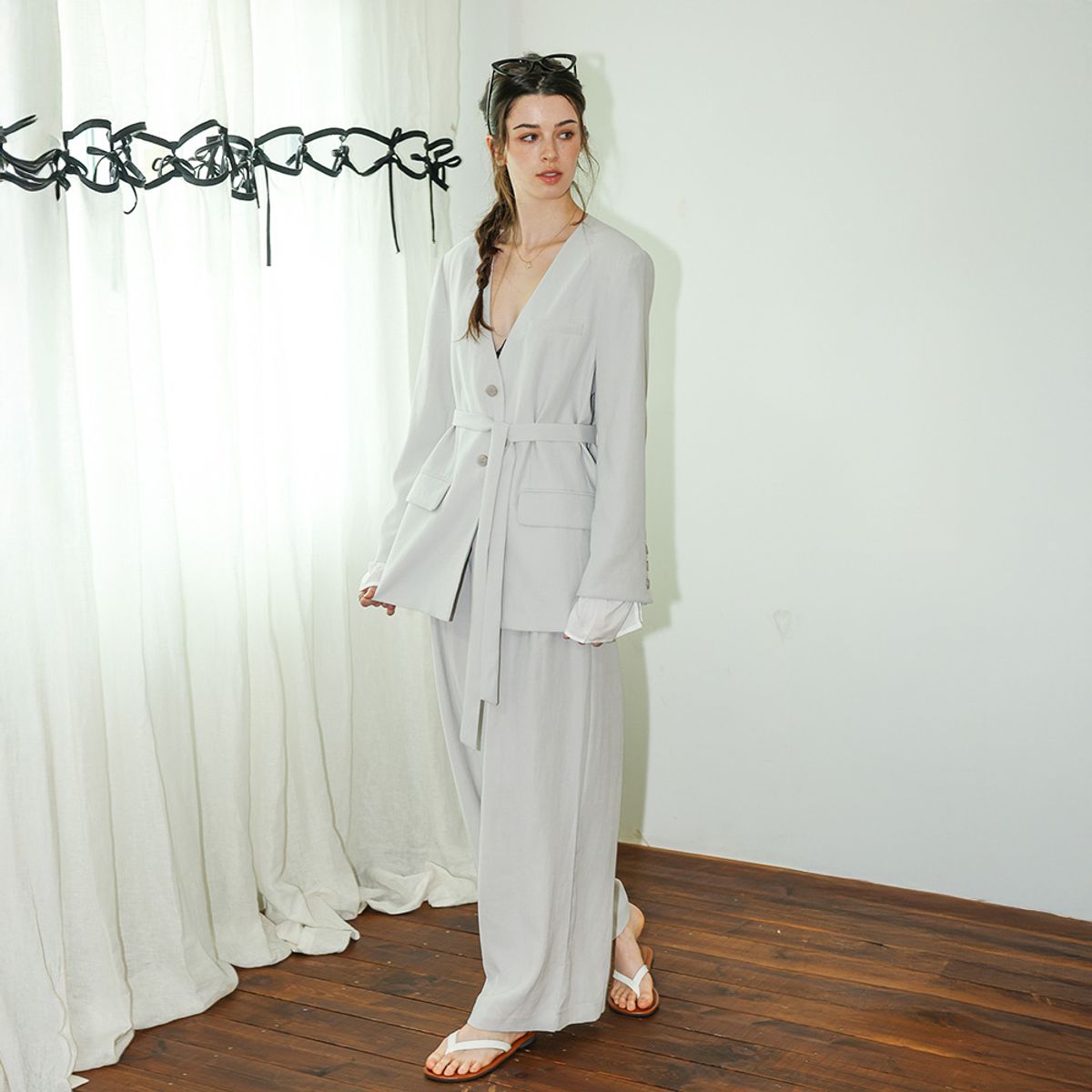 던드롭(DUNDROP) DD_Tailored jacket and wide leg pants set_LIGHT GRAY