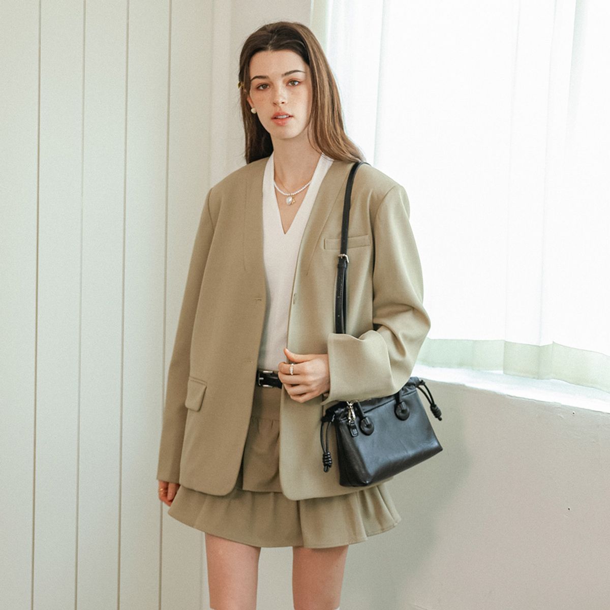 던드롭(DUNDROP) DD_V-neck collarless jacket and skirt set_BEIGE