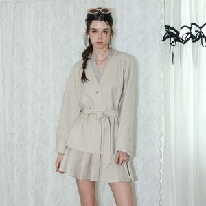 DD_Wrap style top and pleated mini skirt set_BEIGE