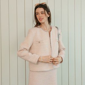 DD_Tweed collarless crop jacket_PINK