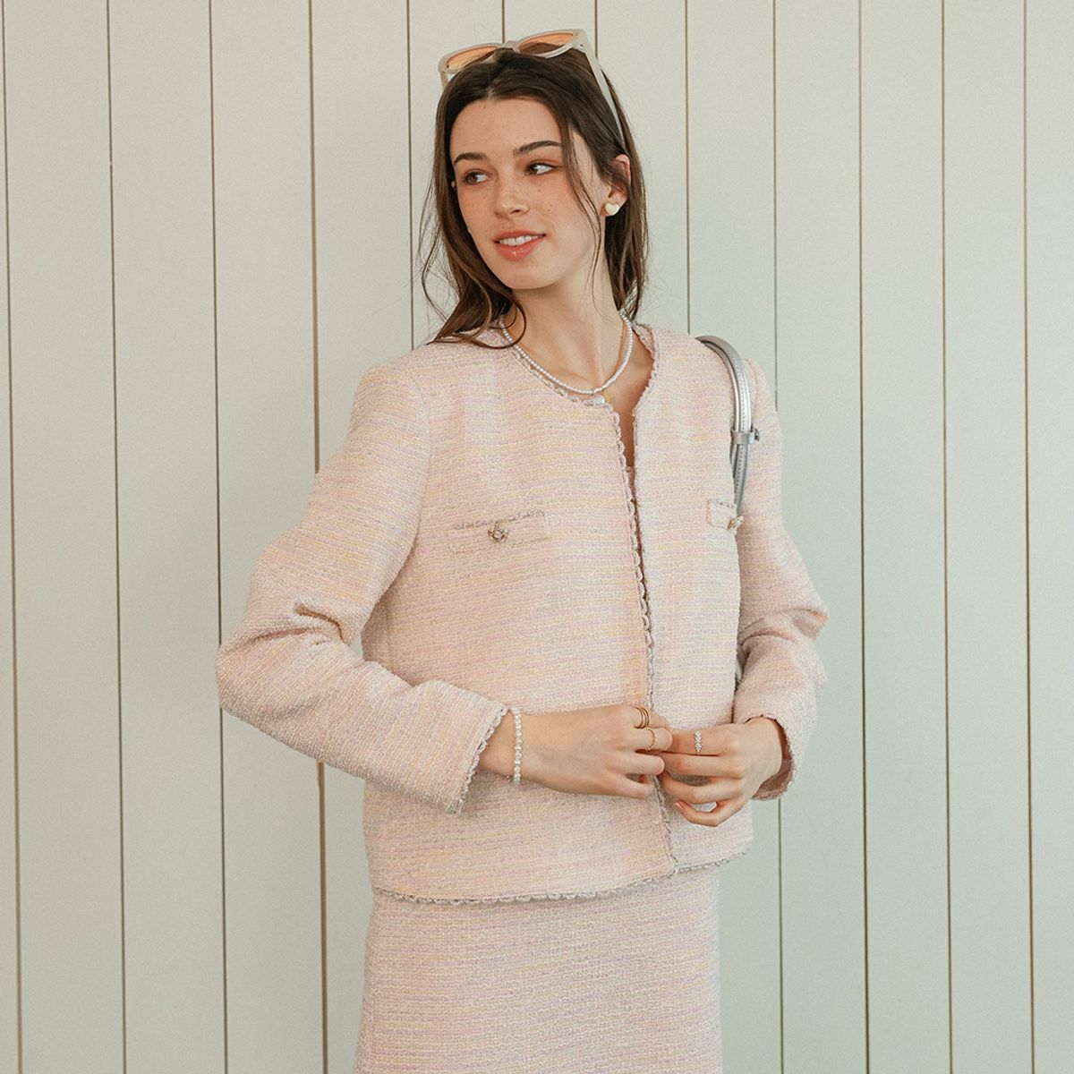 던드롭(DUNDROP) DD_Tweed collarless crop jacket_PINK