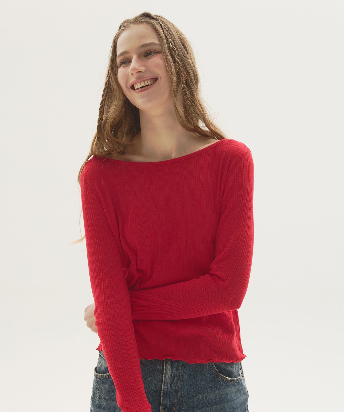 뉴루키(NEW LOOKY) Slim fit boat neck t-shirt  _Red