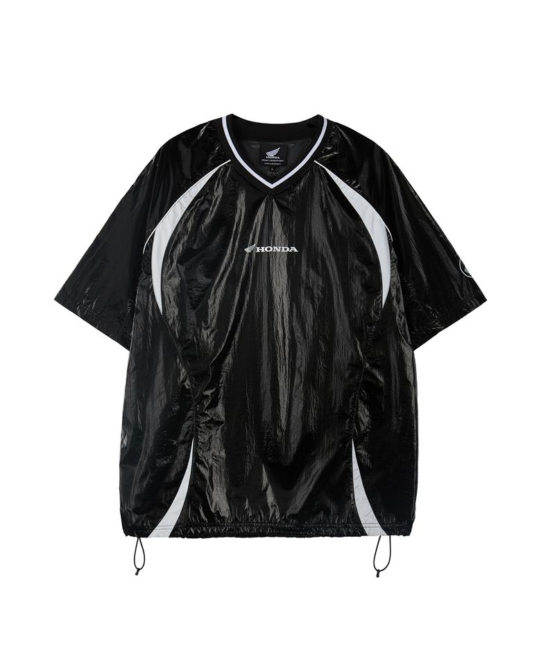 Glosy Nylon V Neck Short Sleeve Black