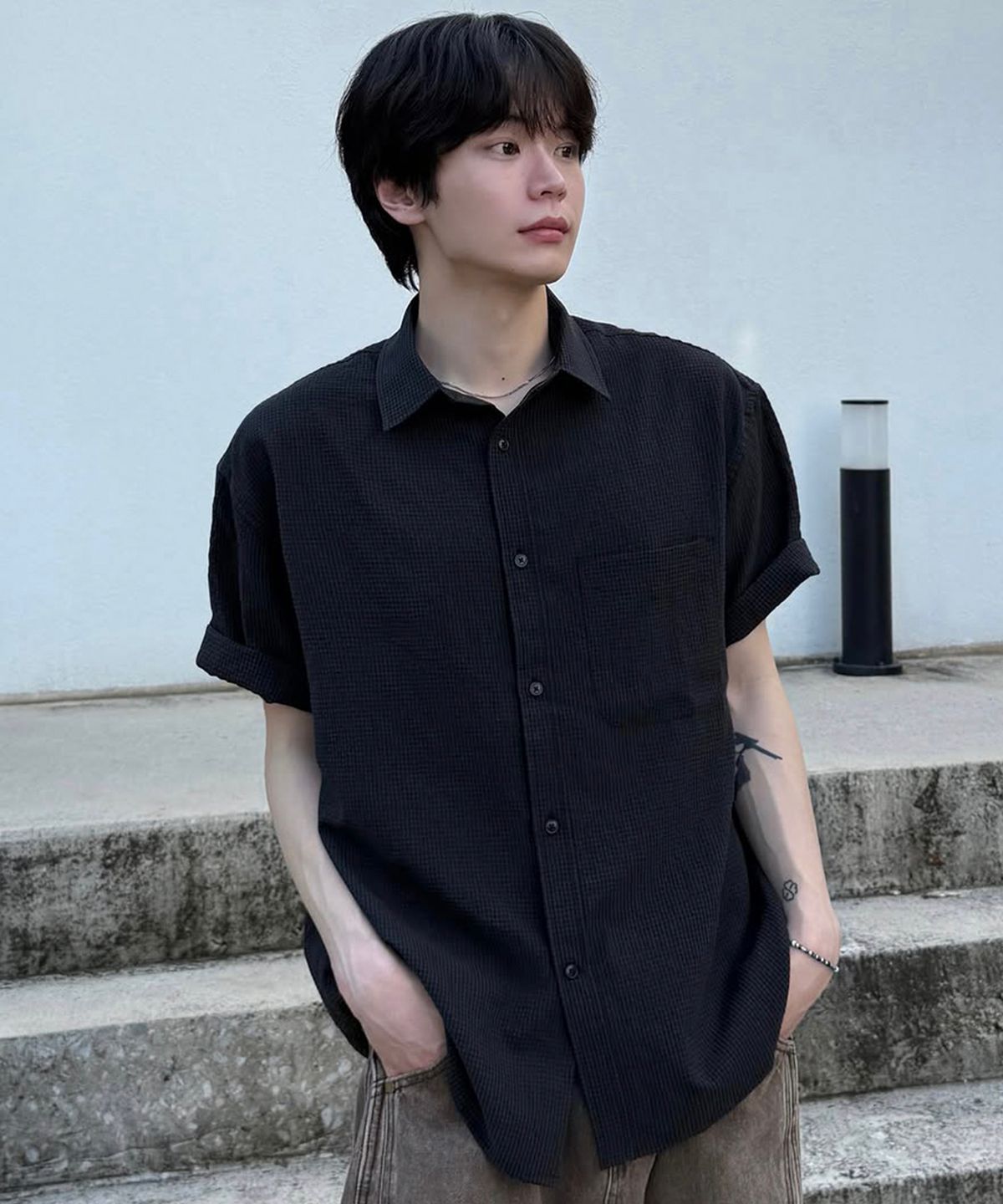 카네이테이(KANEITEI) CHECK HALF SHIRT (BLACK)