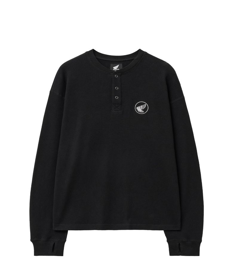 Waffle Henry Neck Long Sleeve Black