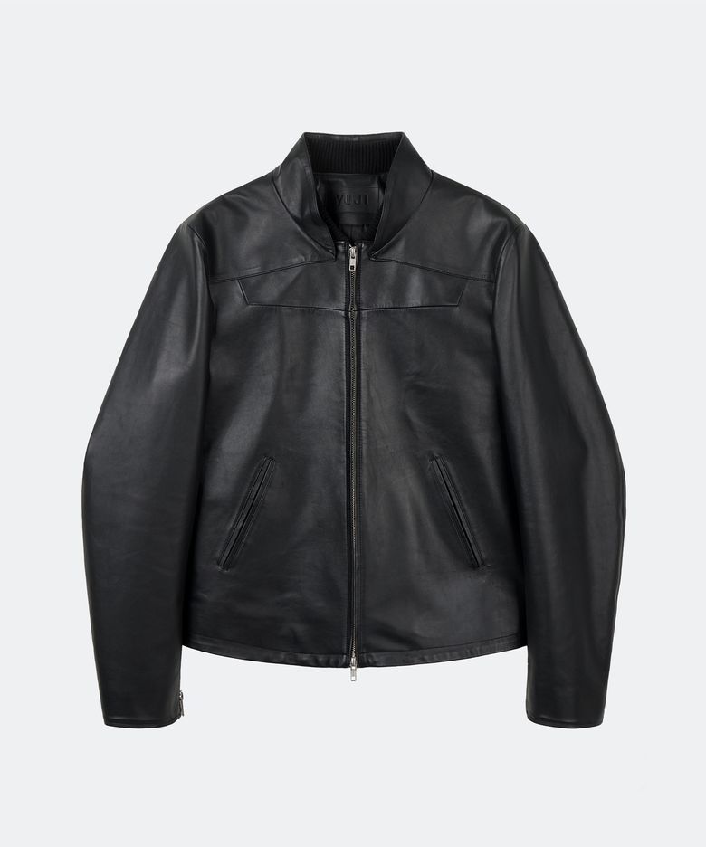 LAYERED COLLAR LEATHER JACKET BLACK