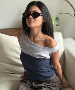 메쉬 오프 숄더 슬리브리스-네이비