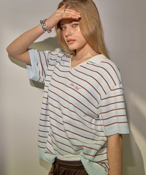 밀리 스트라이프 카라 니트-스카이 블루