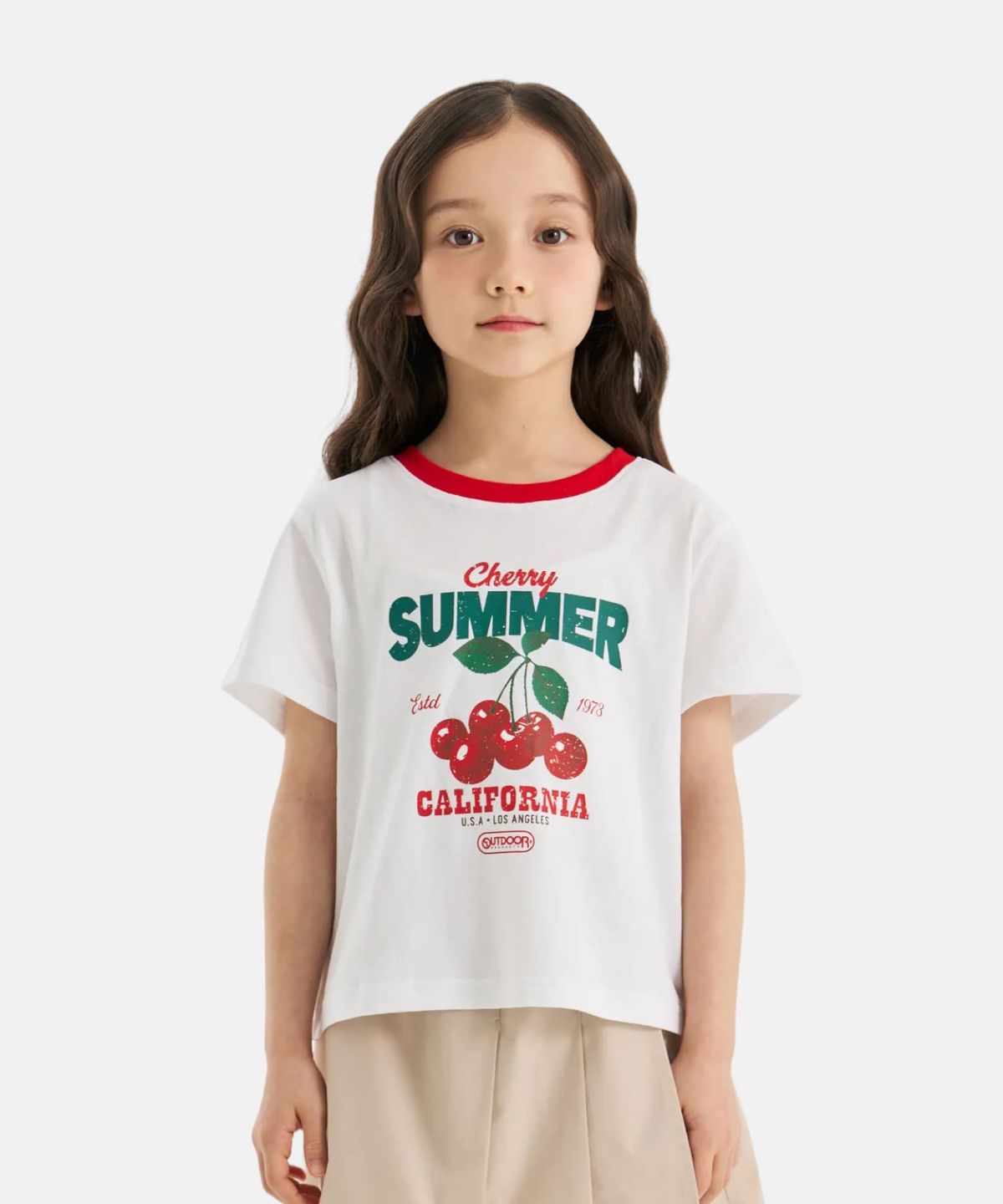 아웃도어 프로덕츠 키즈(OUTDOOR PRODUCTS KIDS) 여아 립 배색 반팔 티셔츠 (오프 화이트) OD262ISS73_OWH
