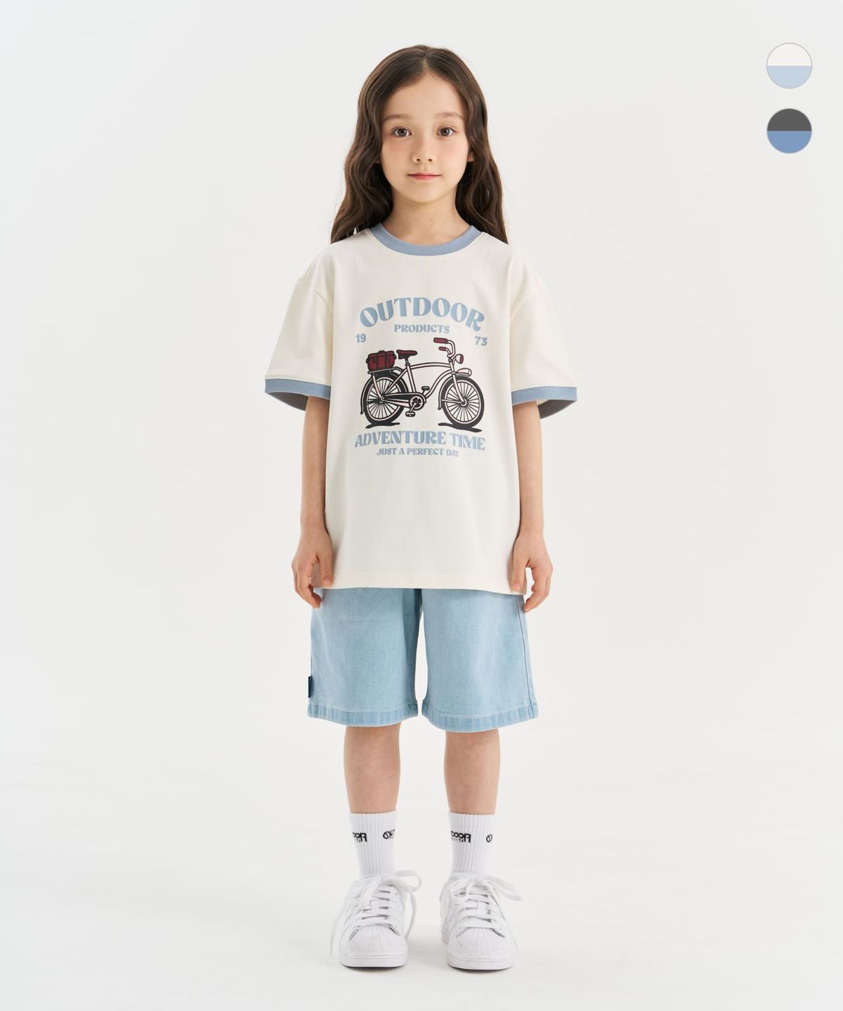 아웃도어 프로덕츠 키즈(OUTDOOR PRODUCTS KIDS) [세트상품]링거 그래픽 반팔티+베이직 데님 쇼츠 (2color)