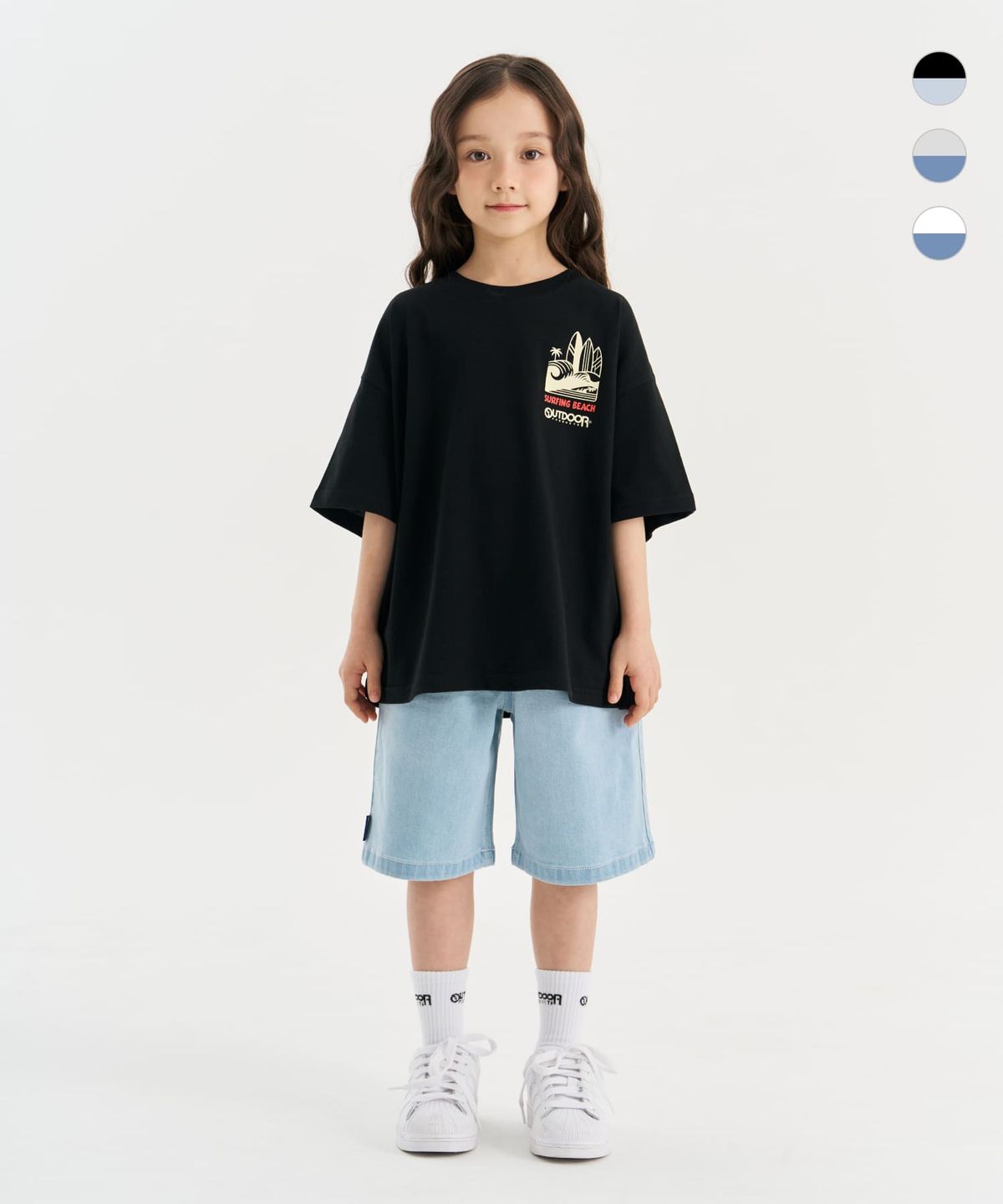 아웃도어 프로덕츠 키즈(OUTDOOR PRODUCTS KIDS) [세트상품]서핑비치 그래픽 반팔티+베이직 데님 쇼츠 (3color)