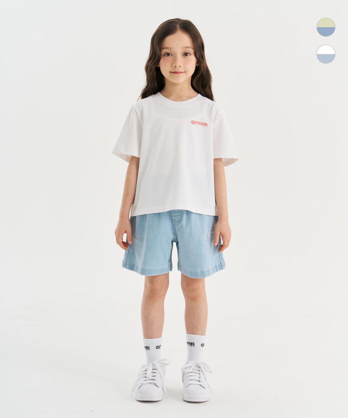 아웃도어 프로덕츠 키즈(OUTDOOR PRODUCTS KIDS) [세트상품]여아_백그래픽 반팔티+데님 쇼츠 (2color)