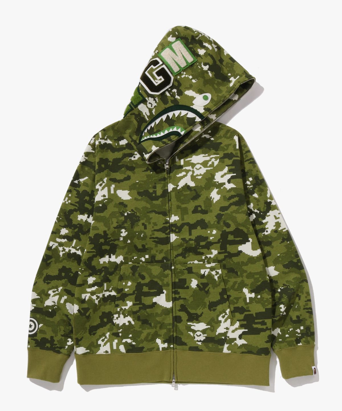 베이프(BAPE) 멀티 픽셀 카모 샤크 레귤러 핏 풀 집 후드(M) GREEN