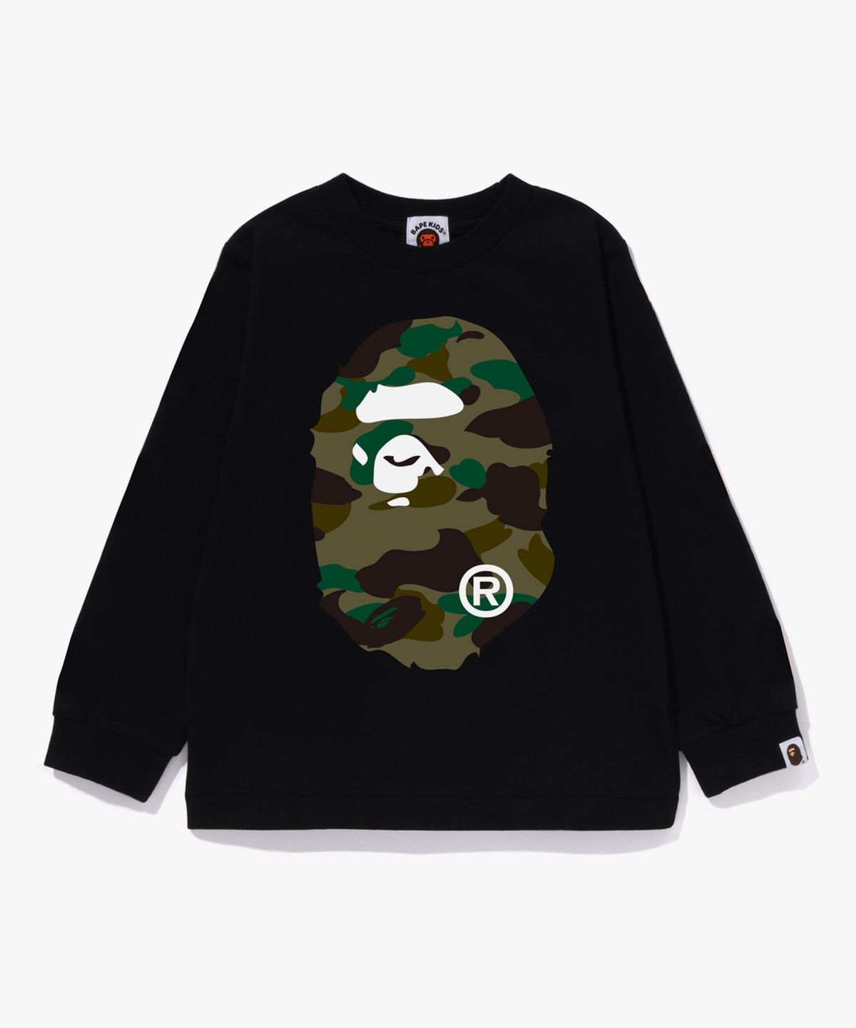 베이프 키즈(BAPE KIDS) 퍼스트 카모 빅 에이프 헤드 롱슬리브 티셔츠(KIDS) BLACK / GREEN