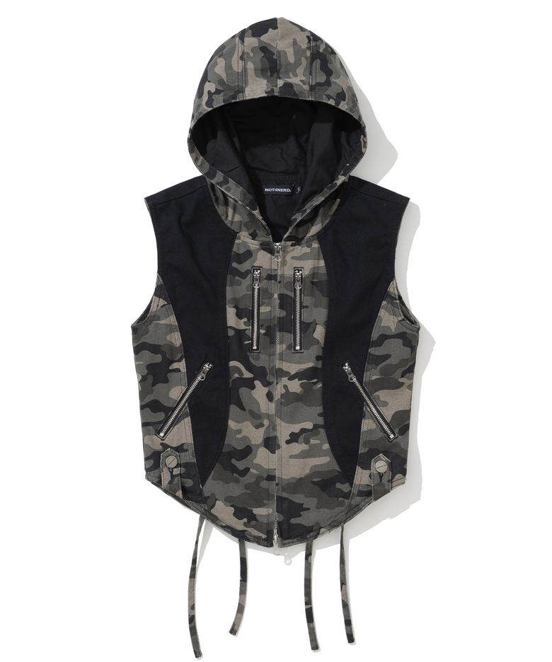 W Camo Panel Hood Vest - Black