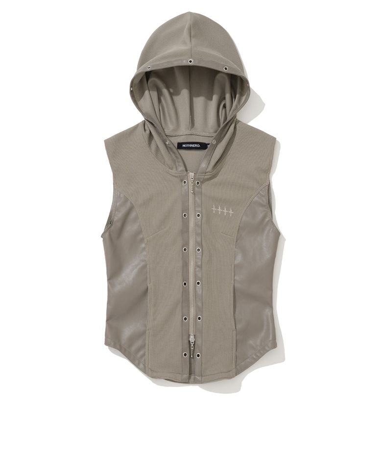 W Eyelet Contrast Hood Vest - Beige