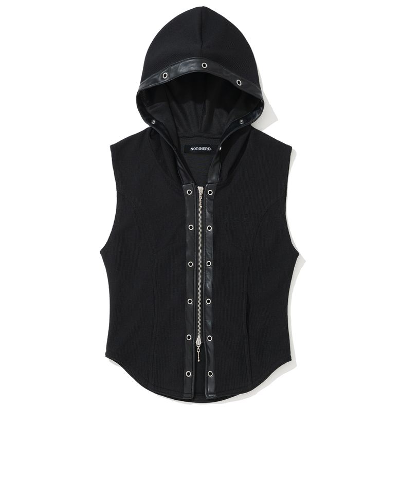 W Eyelet Contrast Hood Vest - Black
