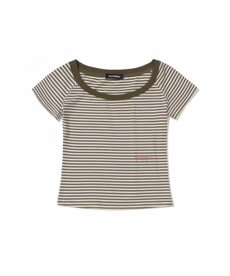 W Open Shoulder Stripe T-Shirts - Brown