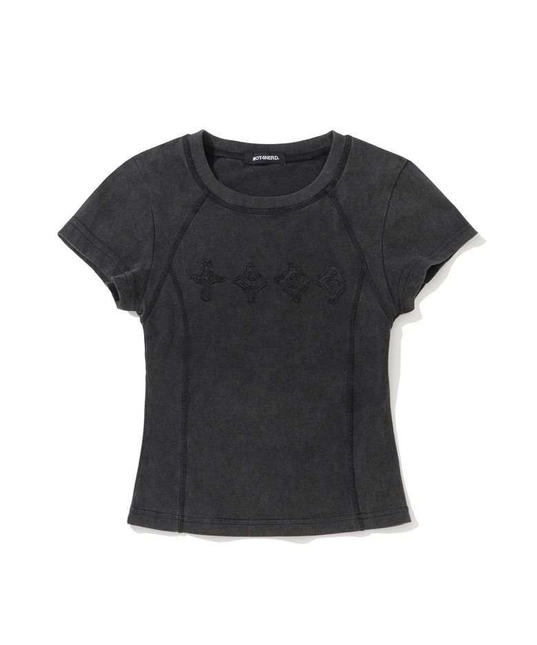 W Symbol Sequence Incision Pigment T-Shirts - Charcoal