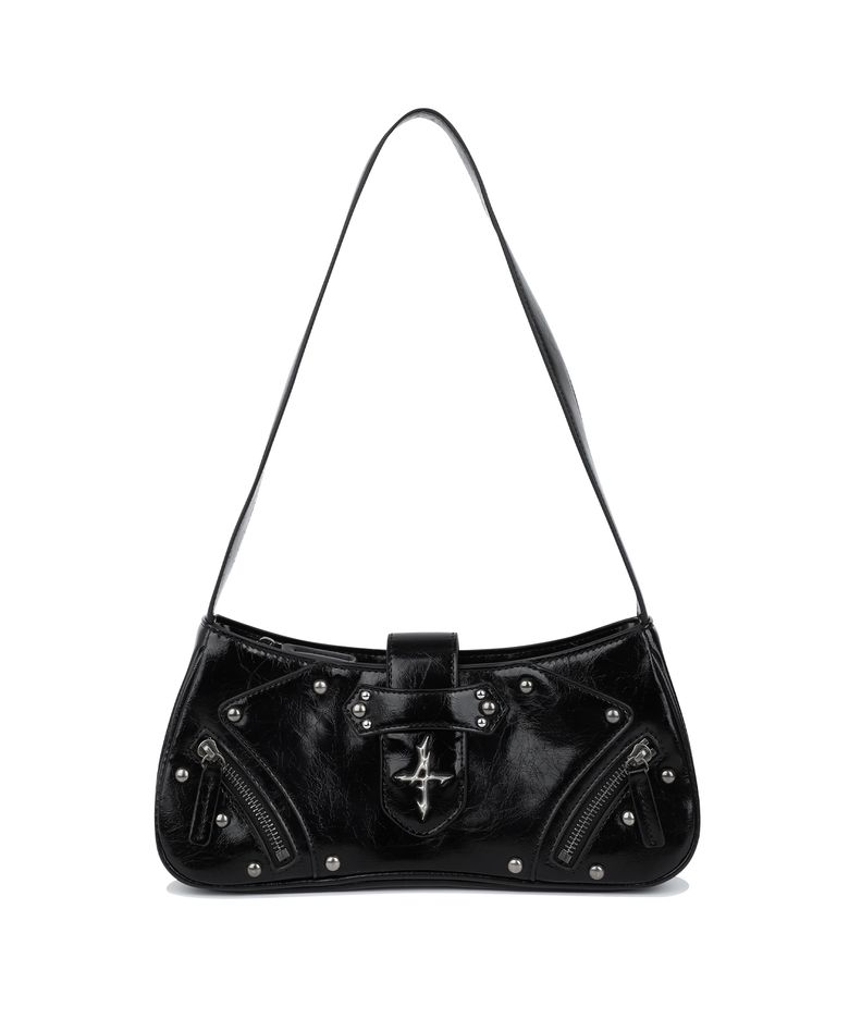 Glossy Stud Shoulder Bag - Black