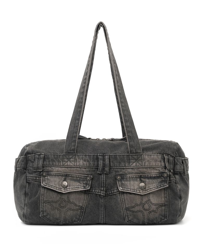 Symbol Stitch Pocket Denim Tote Bag - Black