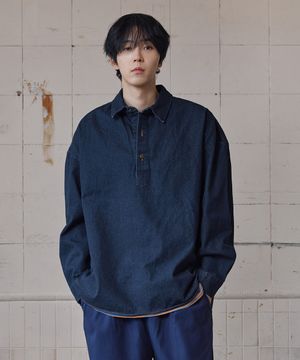 하프 오픈 데님 셔츠 진청