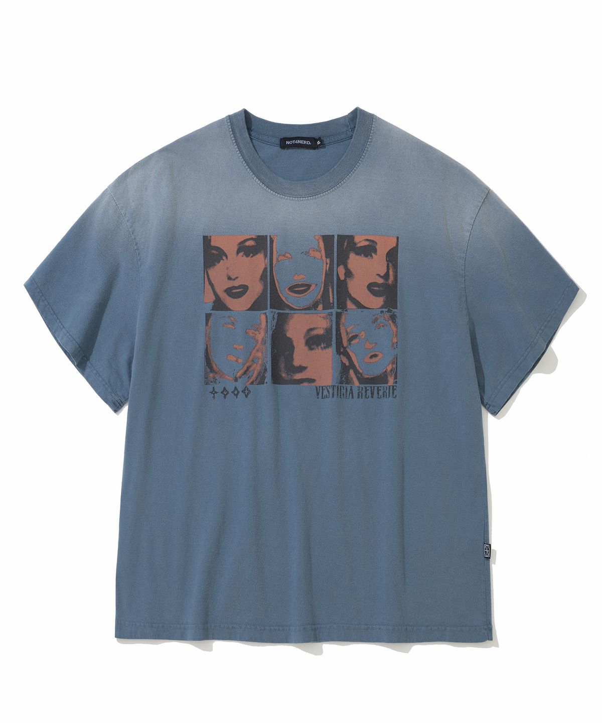 낫포너드(NOT4NERD) Divided Portrait Bleach Washed Loose Cropped T-Shirts - Navy