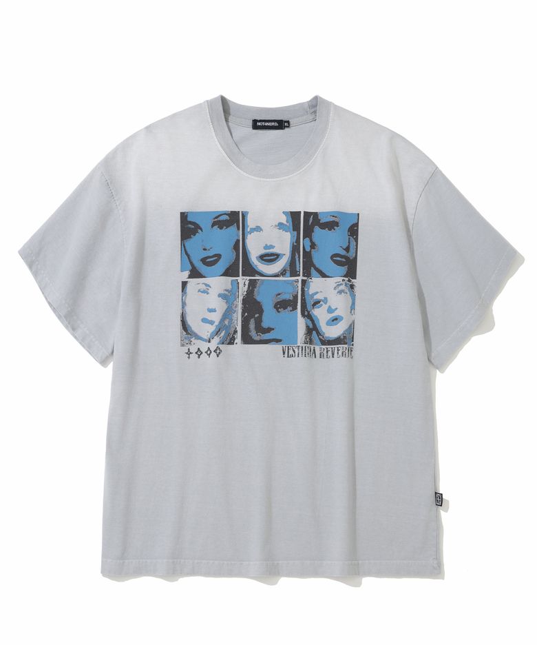 Divided Portrait Bleach Washed Loose Cropped T-Shirts - Light Grey