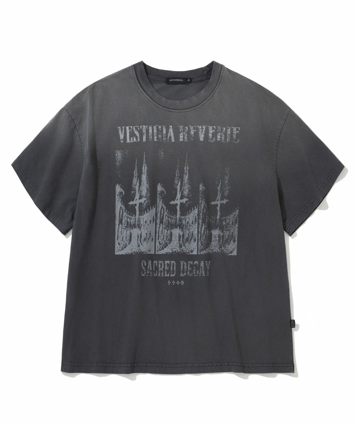 낫포너드(NOT4NERD) Triple Sanctuary Bleach Washed Loose Cropped T-Shirts - Charcoal