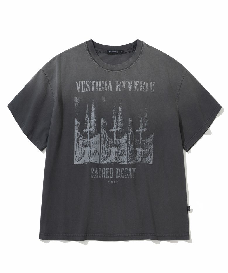 Triple Sanctuary Bleach Washed Loose Cropped T-Shirts - Charcoal