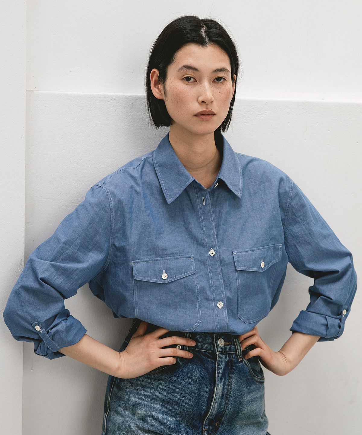 어나더오피스 우먼(ANOTHER OFFICE WOMEN) W. Sonnet Roll-Up Shirt (Blue Chambray)