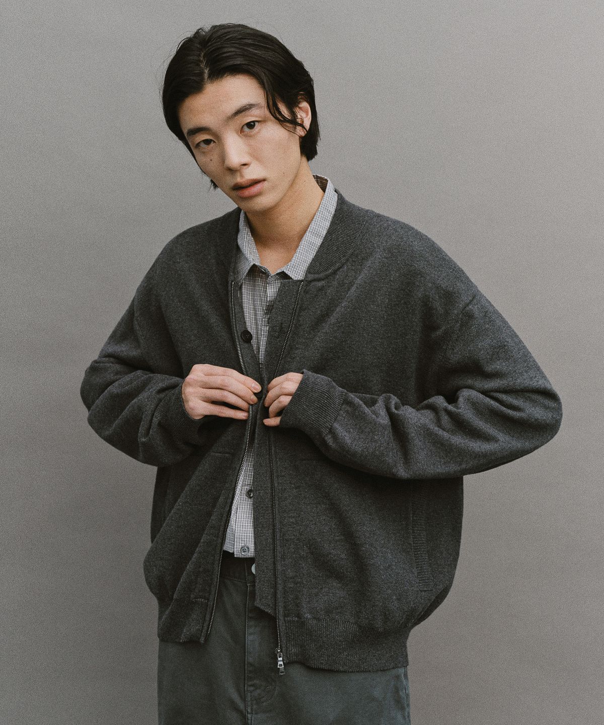 어나더 오피스(ANOTHER OFFICE) Aviator Knit Blouson (Charcoal)
