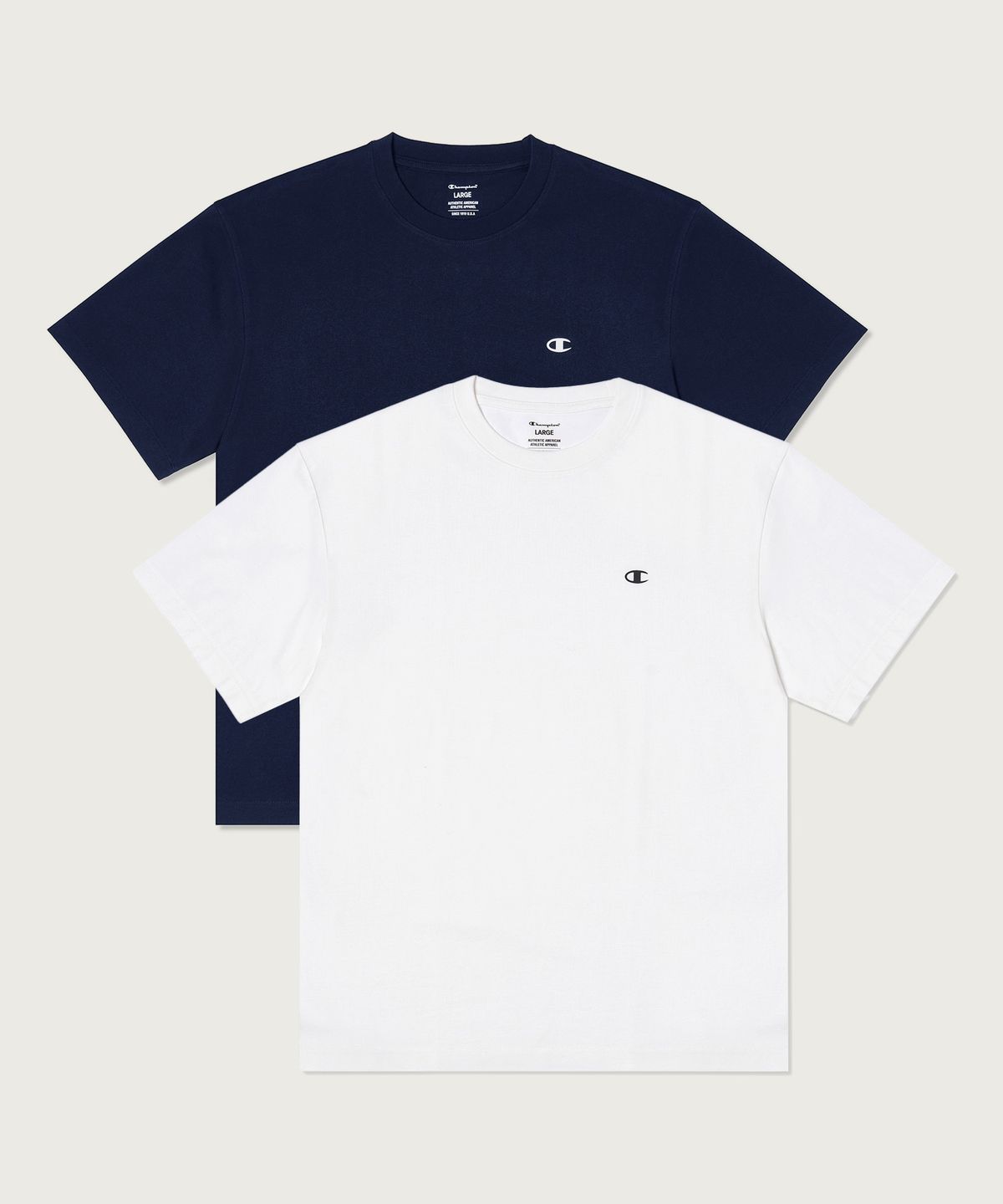챔피온(CHAMPION) [2pack] 릴렉스핏 크루넥 쿨 티셔츠 White/Navy