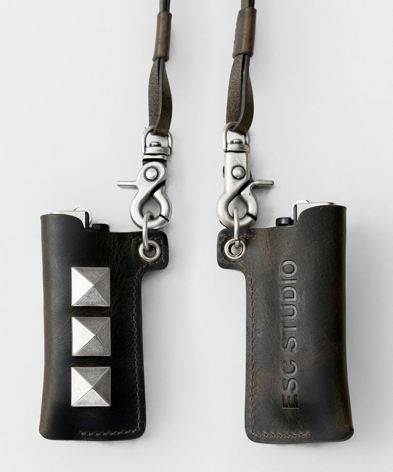 studded lighter case (black) (real leather)