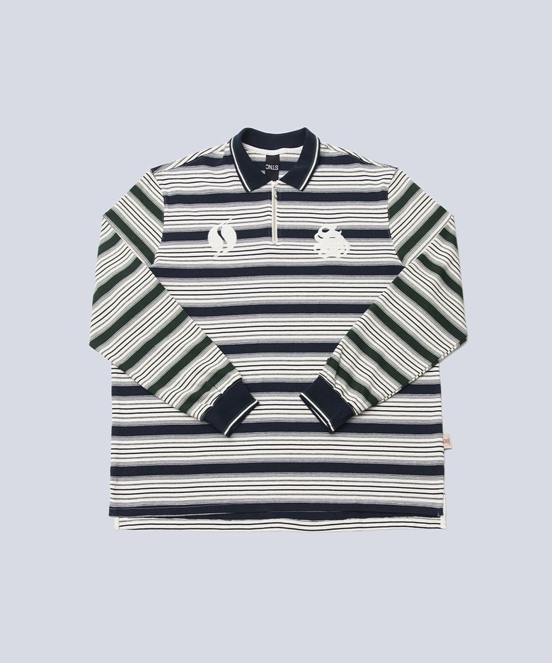STRIPE BLOCK PIQUE SHIRT (NAVY & GREEN)