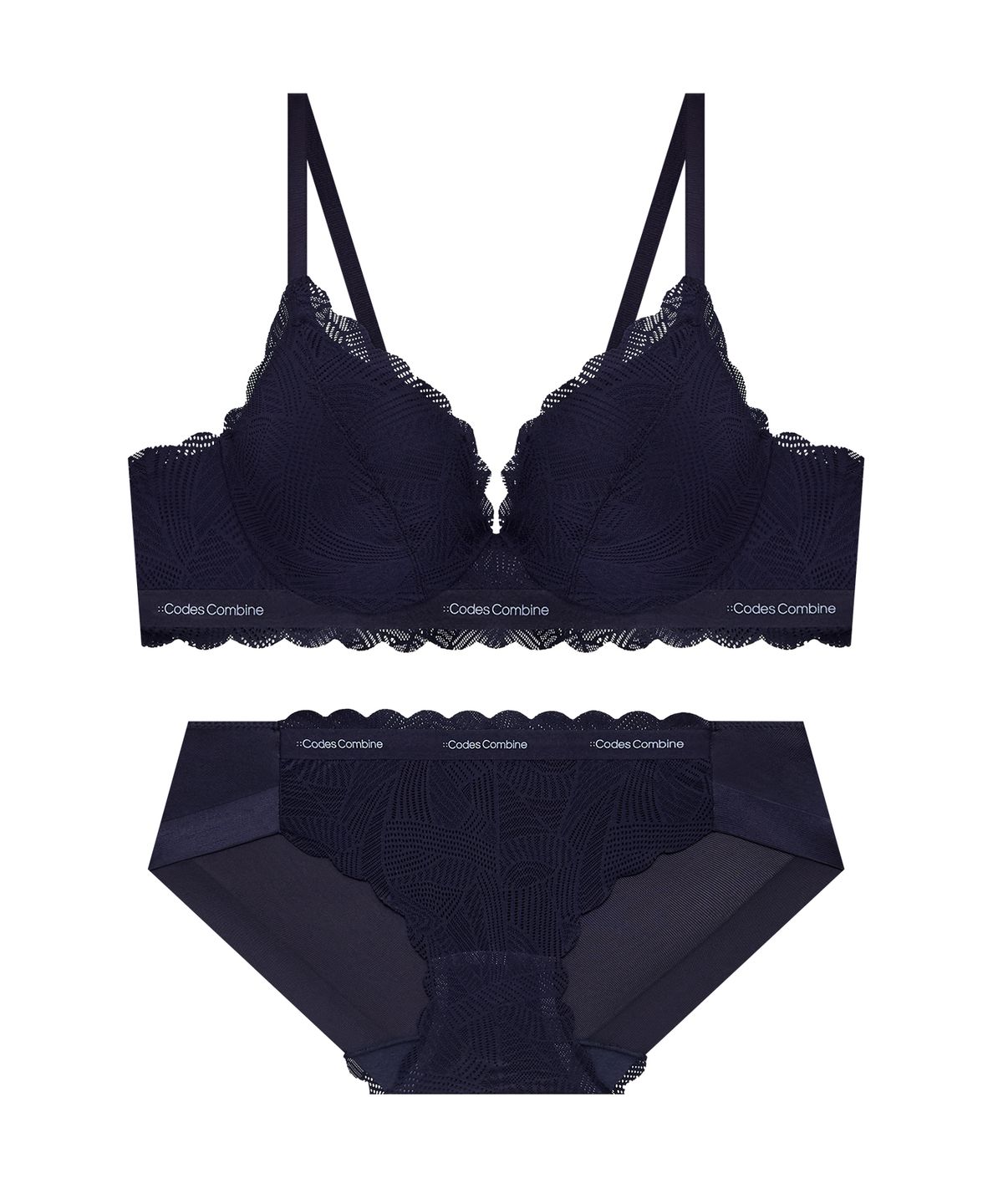 코데즈컴바인 이너웨어(CODES COMBINE INNERWEAR) 시크릿와이어 볼륨 레이스 브라 햄팬티 세트_네이비