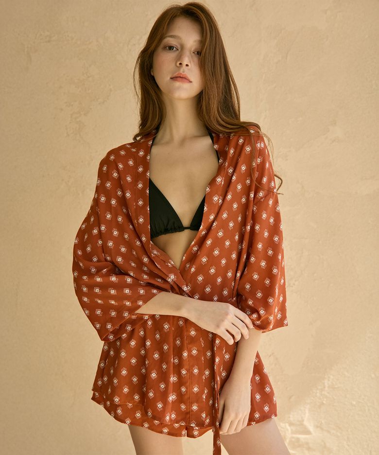 테라 에스닉 숏 로브 & 쇼츠 Set 2pcs - Brown