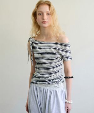 STRIPE ONE-SHOULDER TOP - IVORY/NAVY
