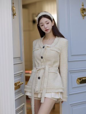 프린지 트위드 패딩 코트