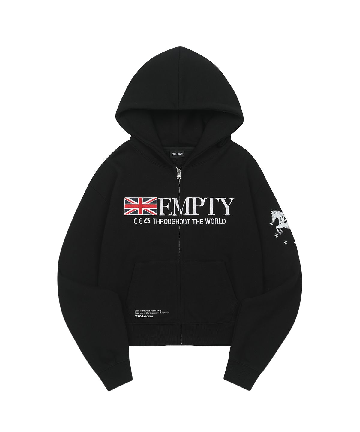 오드스튜디오(ODDSTUDIO) EMPTY 그래픽 자수 크롭 후드집업 - BLACK