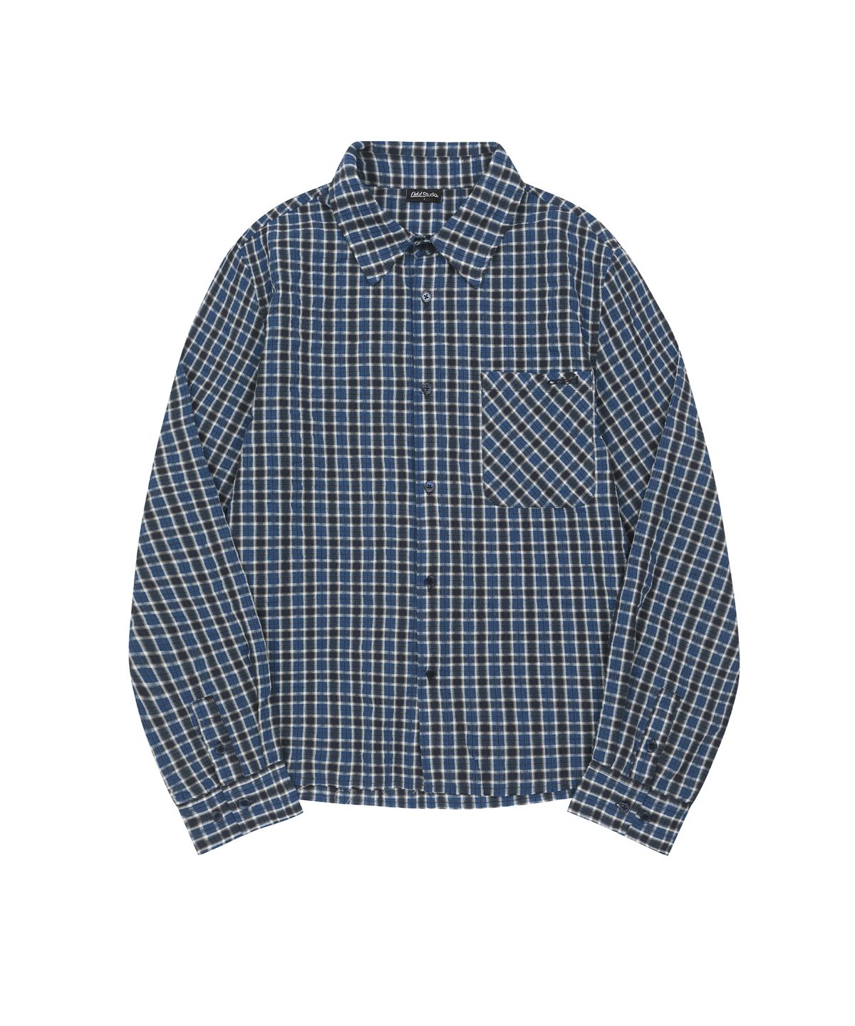 오드스튜디오(ODDSTUDIO) 빈티지 디테일 세미 크롭 체크 셔츠 - NAVY BLUE
