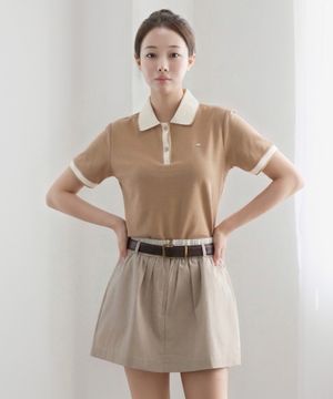 카라 라인 포인트 PK 반팔 티셔츠_베이지